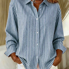 Striped button-down shirt in blue with long sleeves and button front