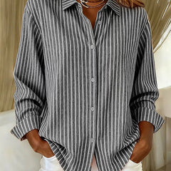 Striped button-down shirt in gray with long sleeves and button front