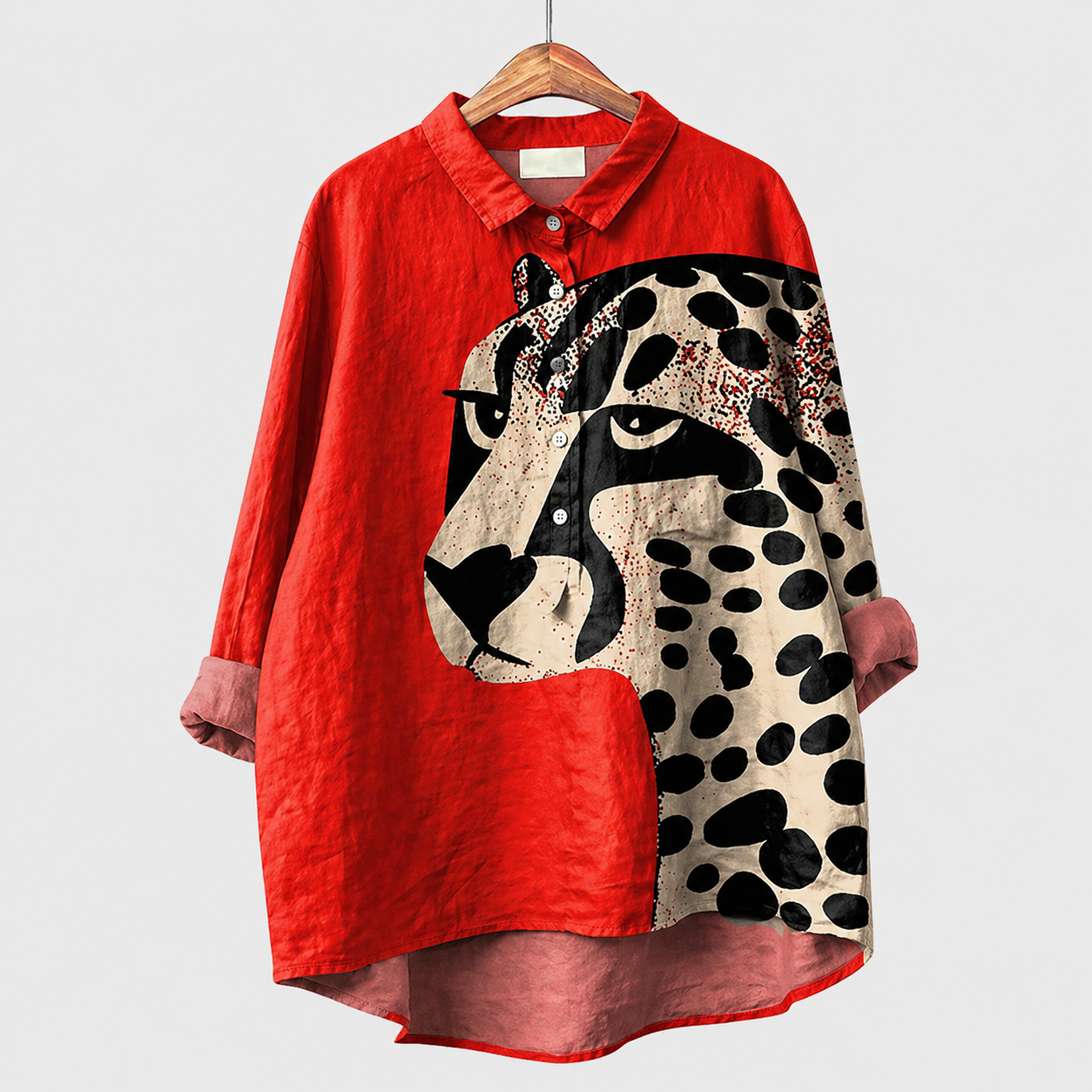 Blusa estiva rossa con pannello laterale a macchie nere e beige, maniche ampie