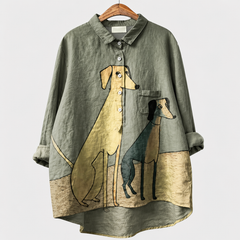 Blusa estiva verde oliva con stampa di cane e tasca, bottoni frontali