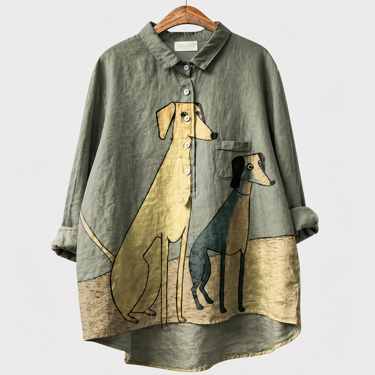 Blusa estiva verde oliva con stampa di cane e tasca, bottoni frontali