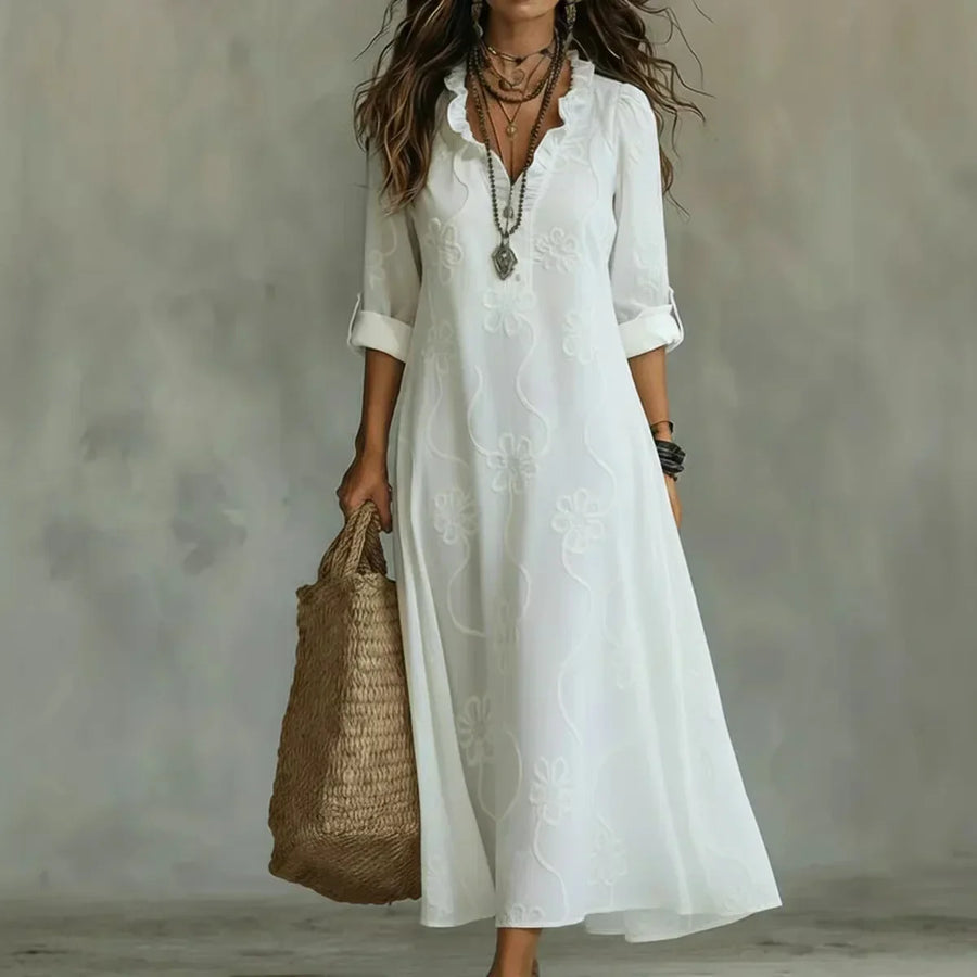 Vestito estivo lungo bianco con maniche corte e scollo a V, motivo floreale