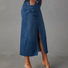 High-waist denim midi skirt with front slit, medium blue wash