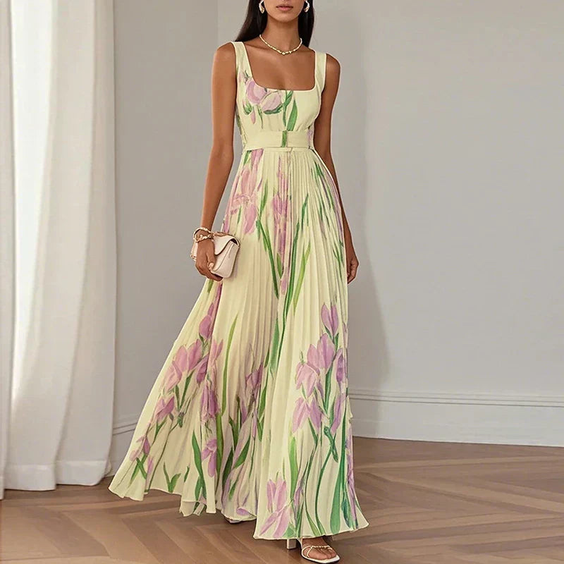 Abito maxi A-line floreale bianco con fiori viola e verdi, scollo quadrato