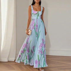Abito maxi A-line floreale bianco-azzurro con fiori rosa, vita arricciata