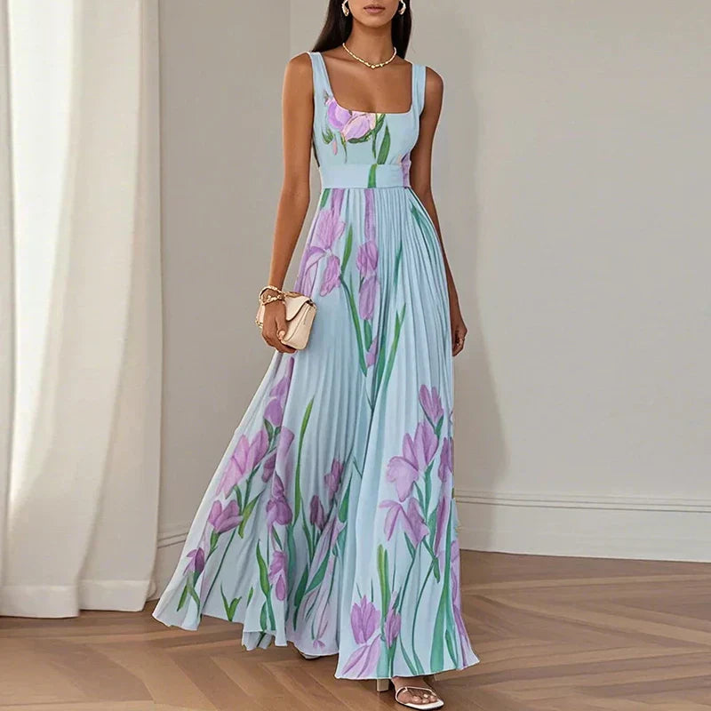 Abito maxi A-line floreale bianco-azzurro con fiori rosa, vita arricciata