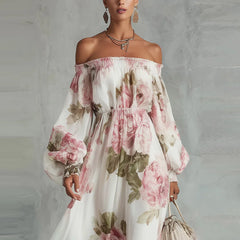 White off-shoulder floral maxi dress with long puff sleeves and gathered neckline
