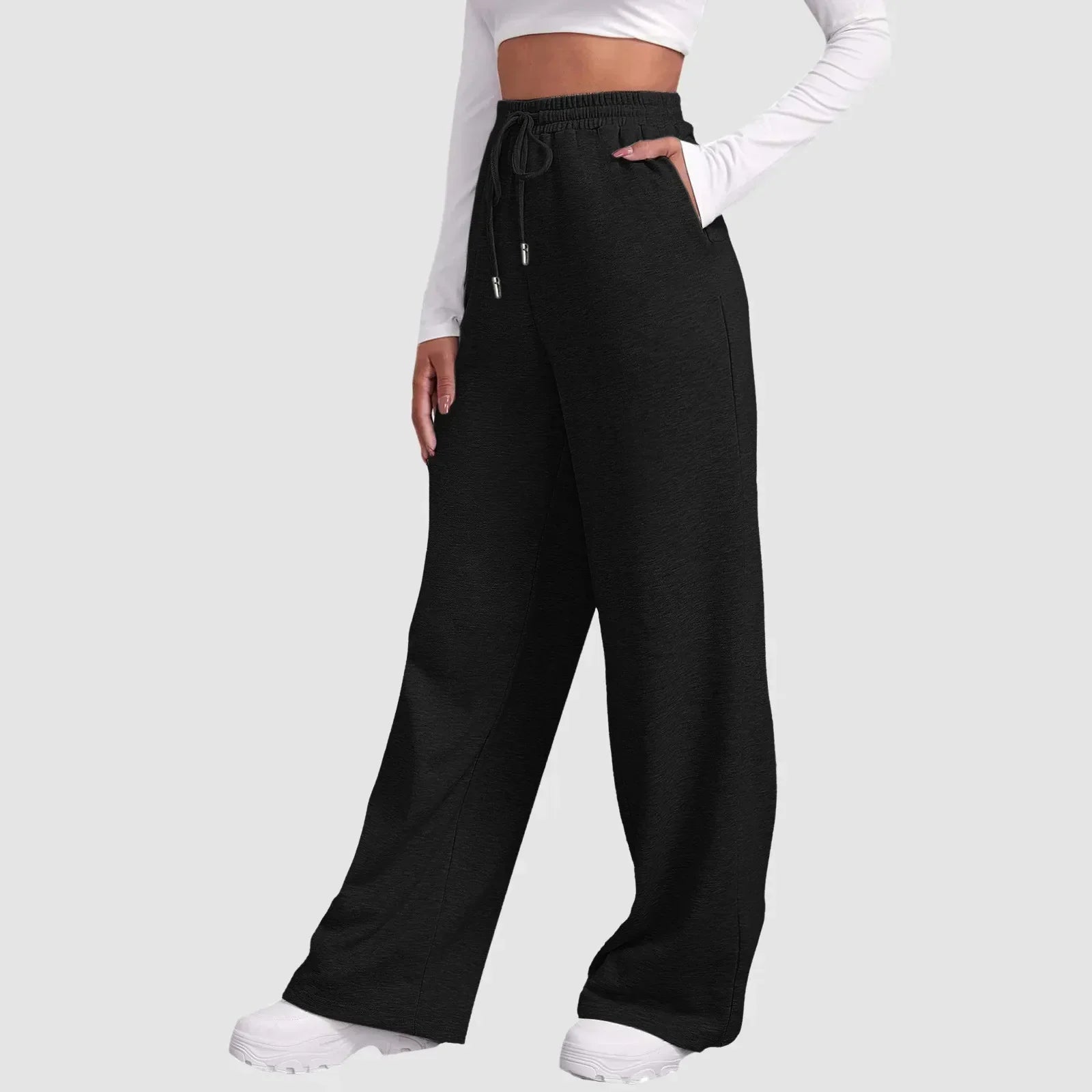 Pantaloni jogger a gamba larga neri, vita elasticizzata con coulisse e fondo ampio