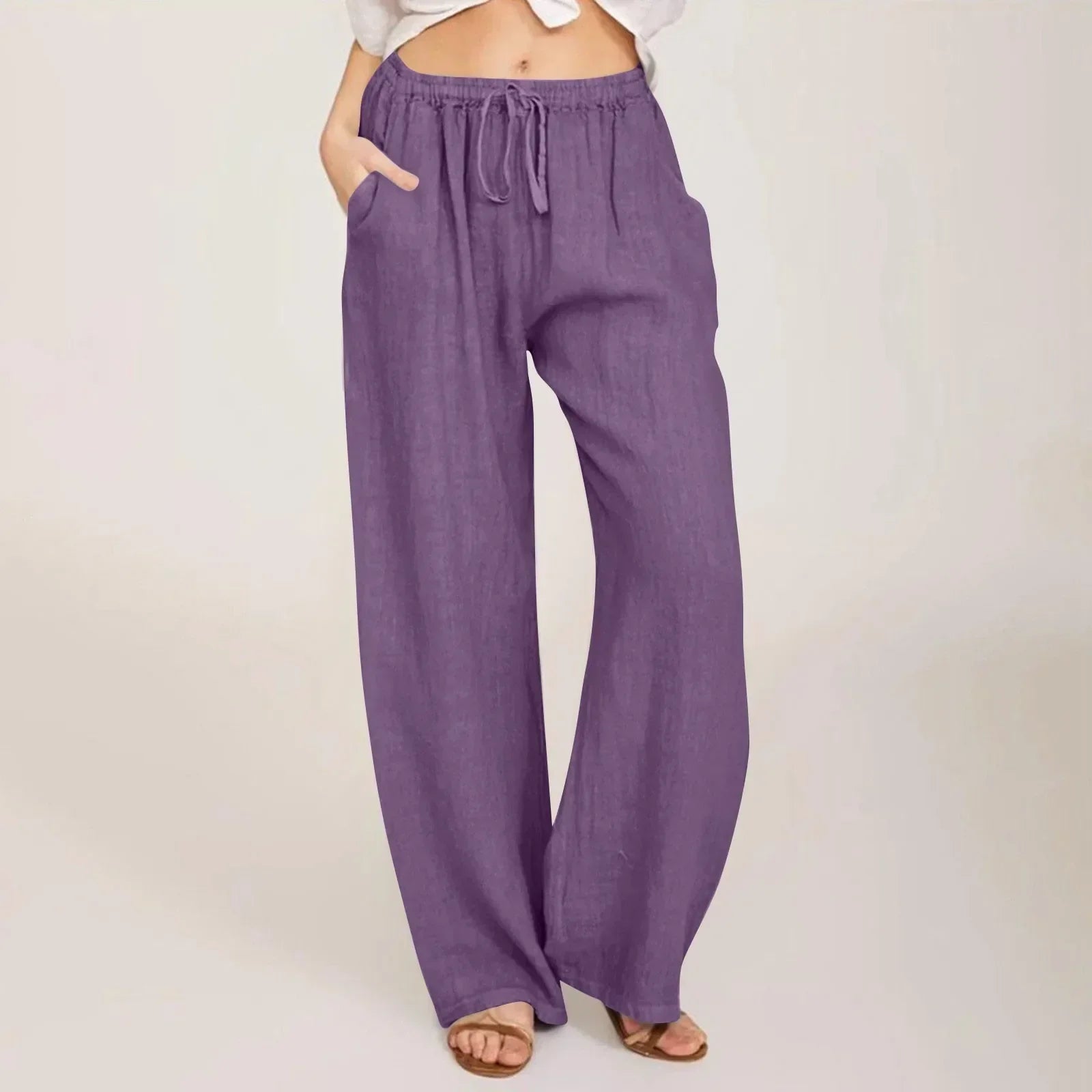 Pantaloni comodi a gamba larga viola con vita elasticizzata e coulisse
