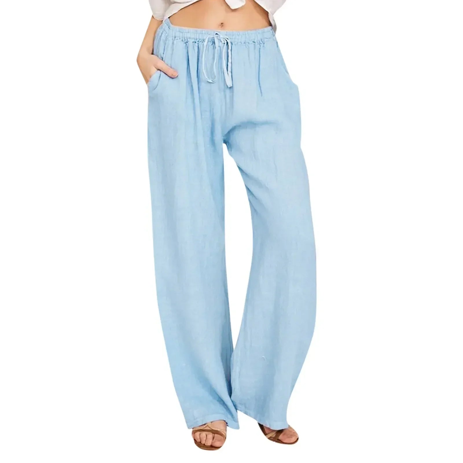 Pantaloni comodi a gamba larga azzurri in tessuto leggero con vita elasticizzata e coulisse