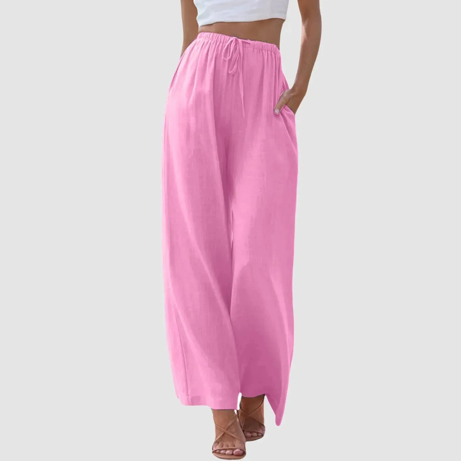 Pantaloni comodi a gamba larga rosa, vita alta con elastico e coulisse