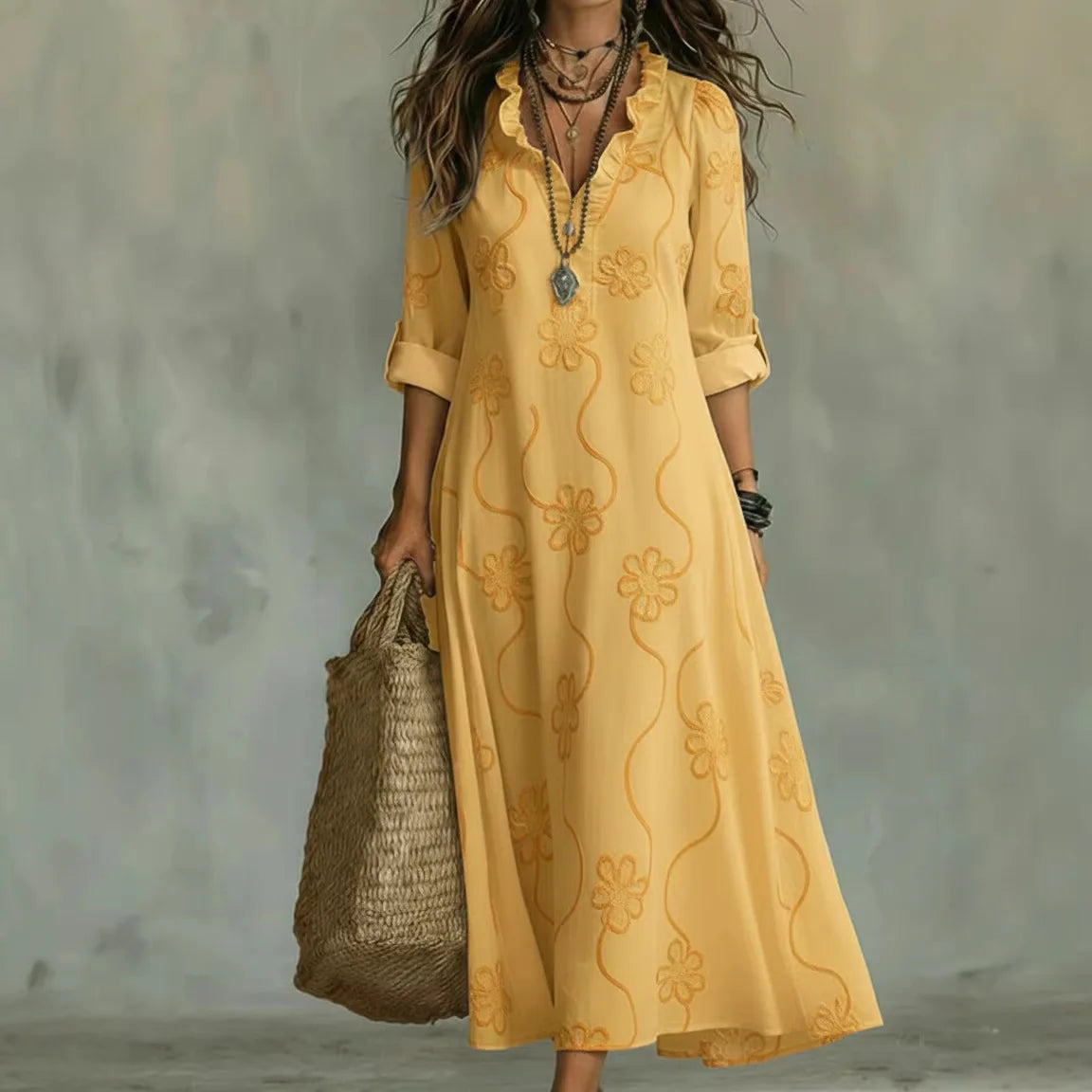 Vestito estivo lungo giallo con maniche corte e scollo a V, motivo floreale in rilievo