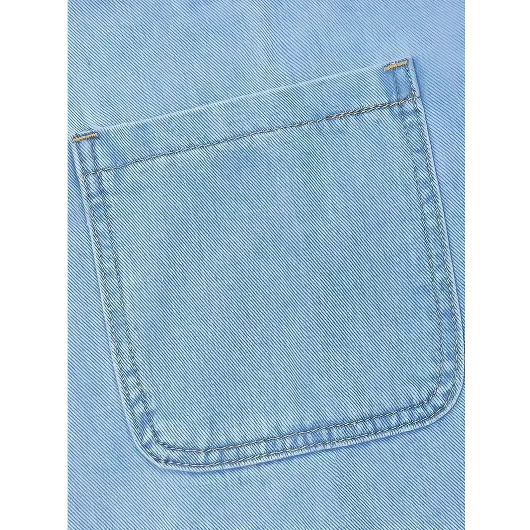 Light blue denim-look patch pocket with stitched edge and bartack details