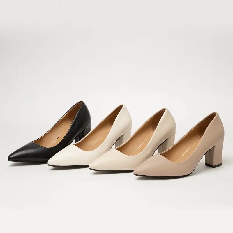 Set damespumps met puntige neus en blokhakken: zwart, wit en beige