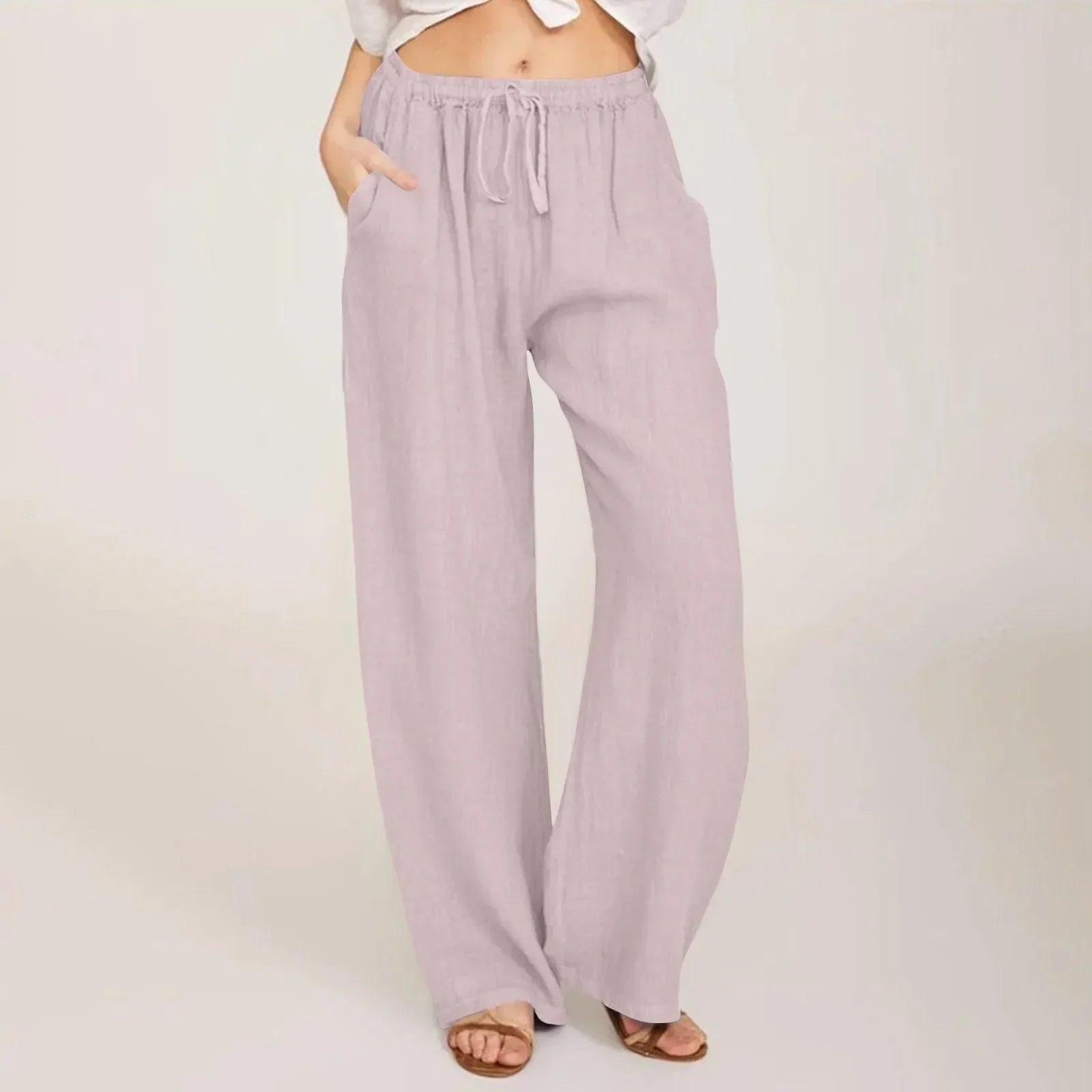 Pantaloni comodi a gamba larga lilla chiaro con vita elasticizzata e coulisse