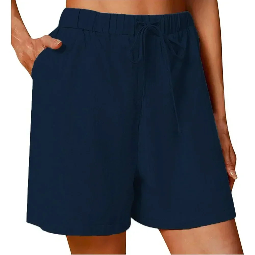 Pantaloni corti blu navy con vita elasticizzata e coulisse, tasche laterali