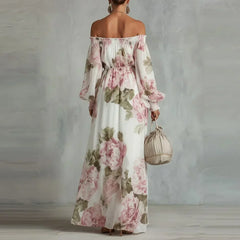 White floral off-shoulder maxi dress from back view with long puff sleeves