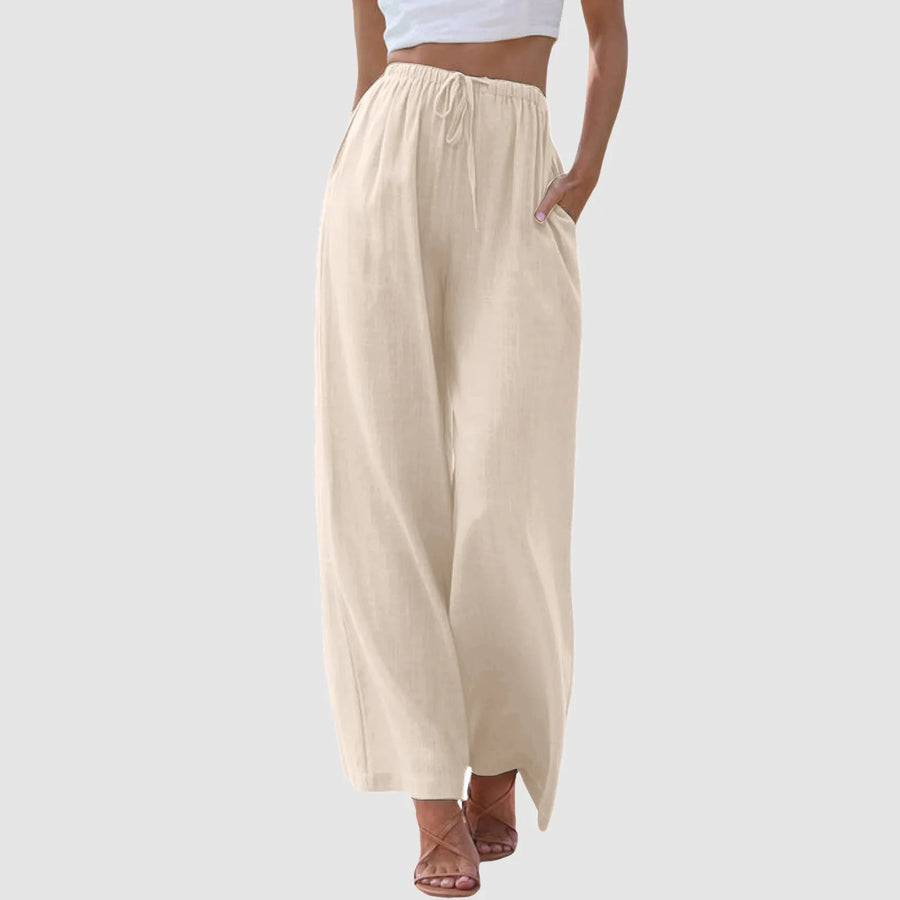 Pantaloni comodi a gamba larga beige, vita alta con elastico e coulisse