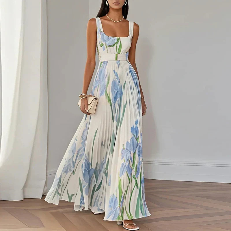 Abito maxi A-line floreale bianco con foglie e fiori azzurri, spalline sottili