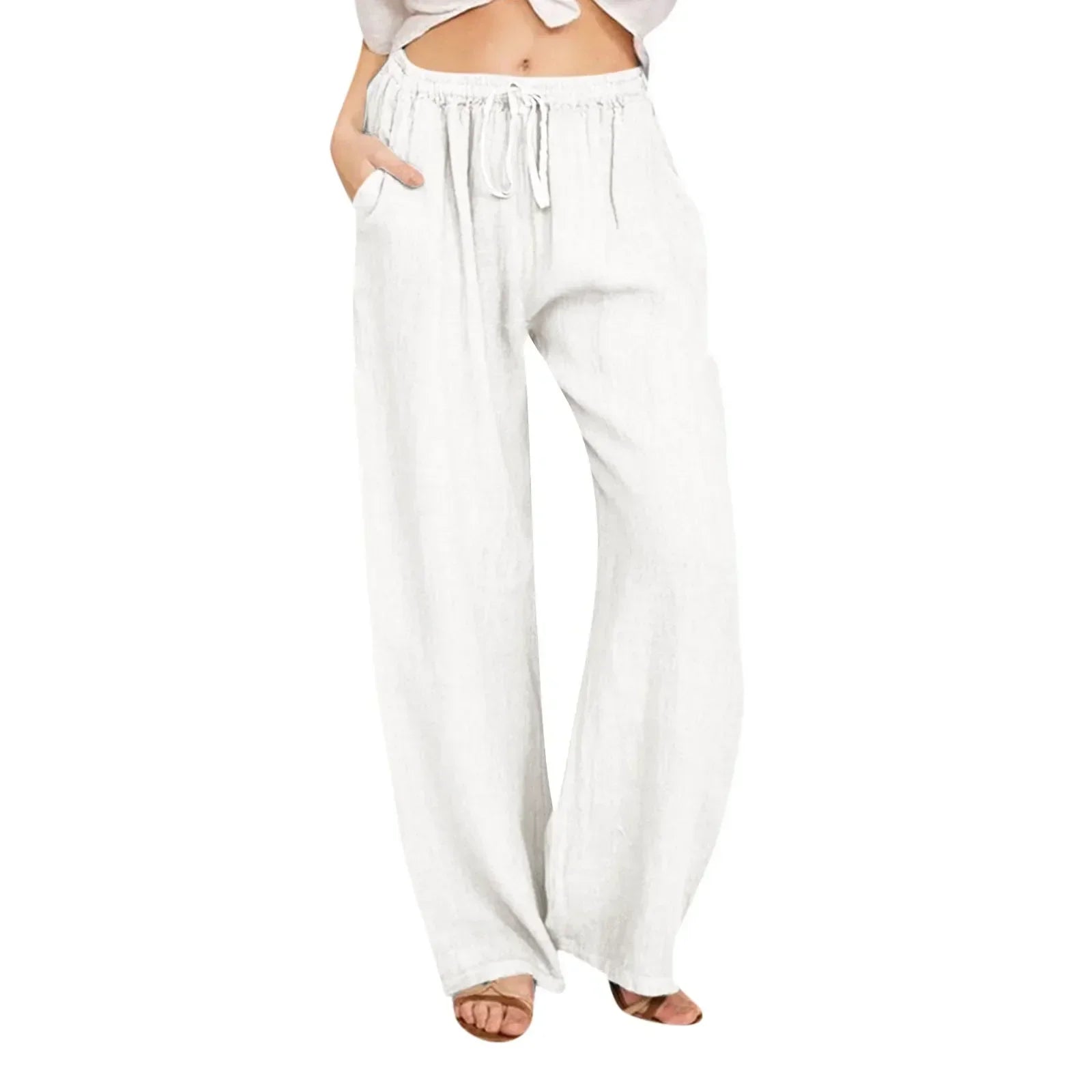 Pantaloni comodi a gamba larga bianchi con vita elasticizzata e coulisse