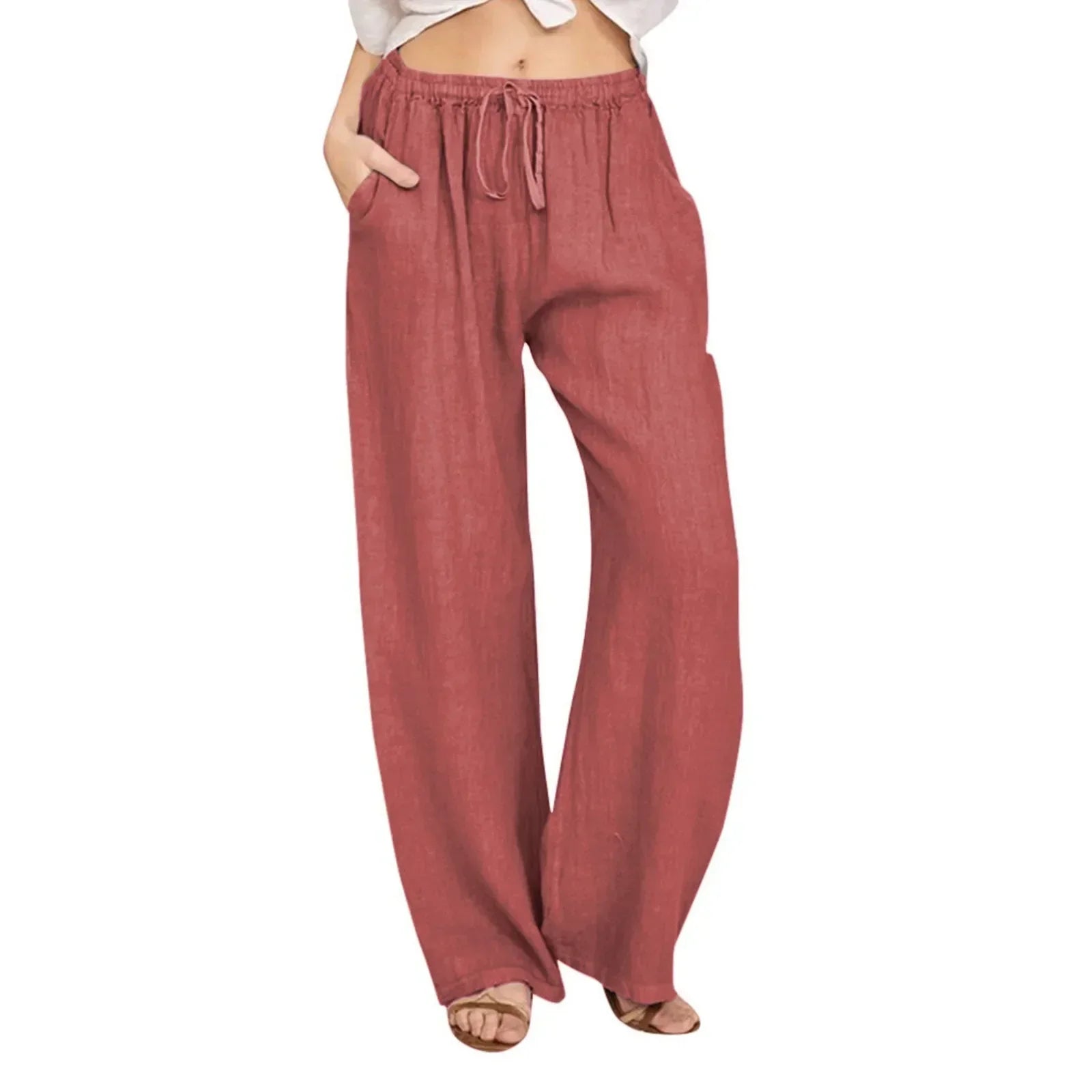 Pantaloni comodi a gamba larga terracotta in tessuto leggero con vita elasticizzata e coulisse