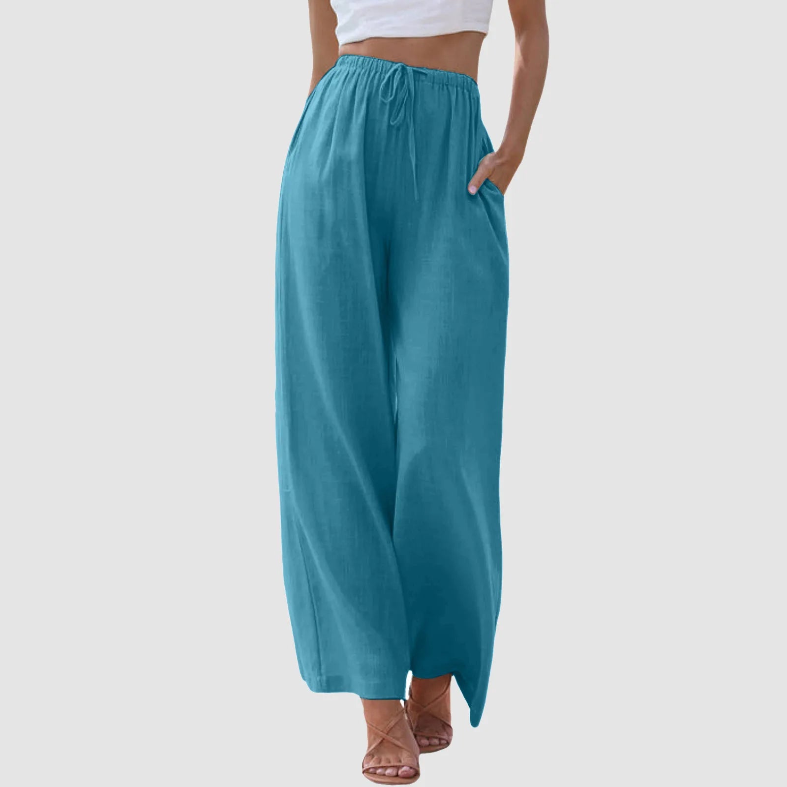 Pantaloni Varel a vita alta blu turchese, gamba larga, elastico in vita e spacchetto al fondo