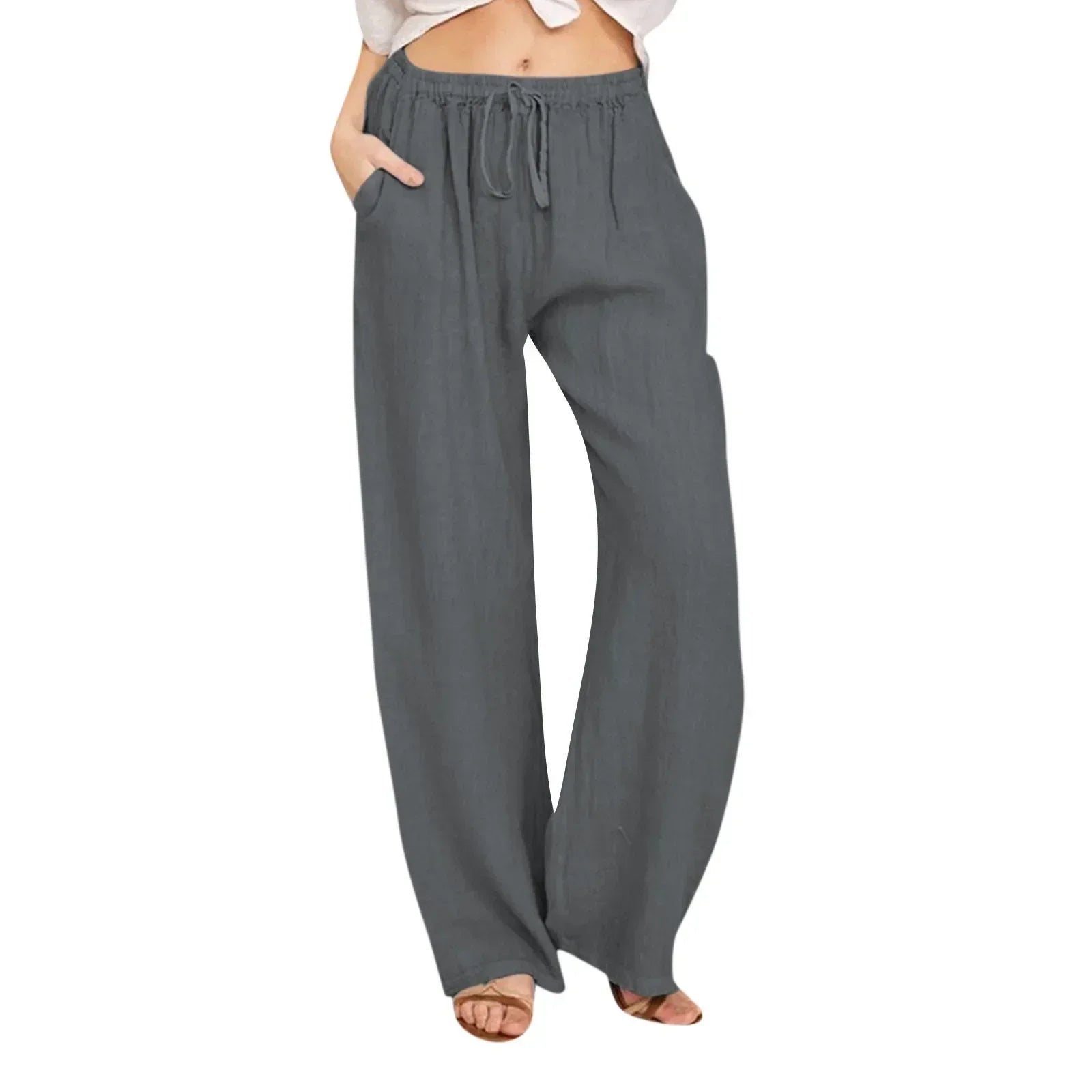 Pantaloni comodi a gamba larga grigio scuro con vita elasticizzata e coulisse