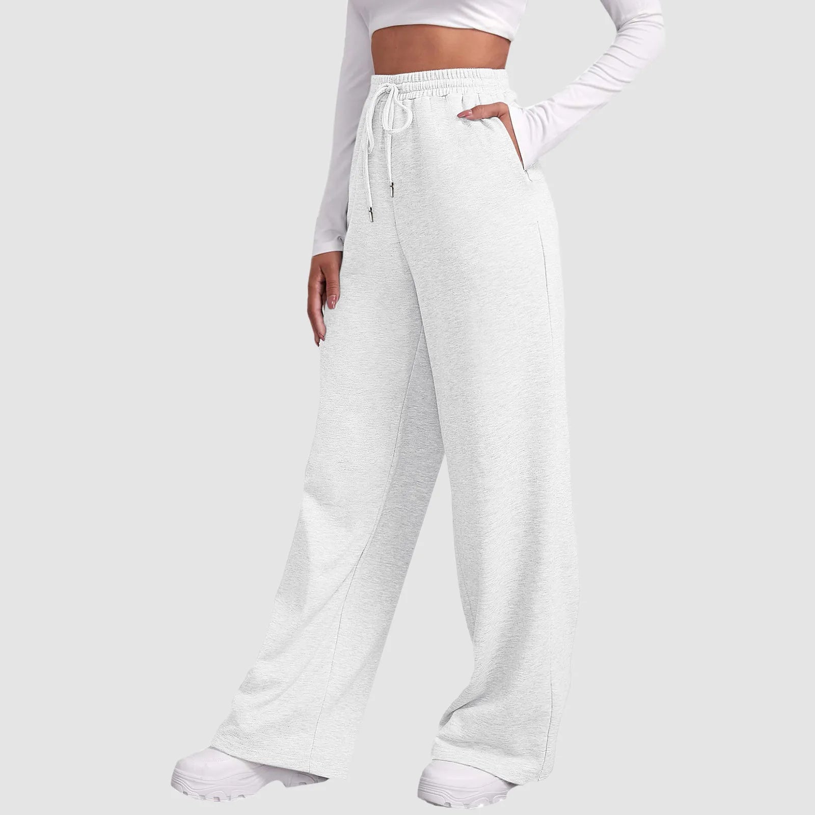 Pantaloni jogger a gamba larga bianchi, vita elasticizzata con coulisse