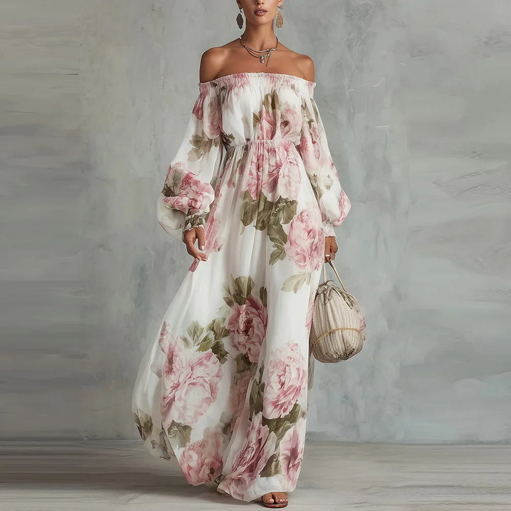White off-shoulder floral maxi dress with long puff sleeves and smocked bodice