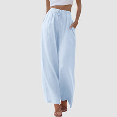 Pantaloni comodi a gamba larga azzurri, vita alta con elastico e coulisse