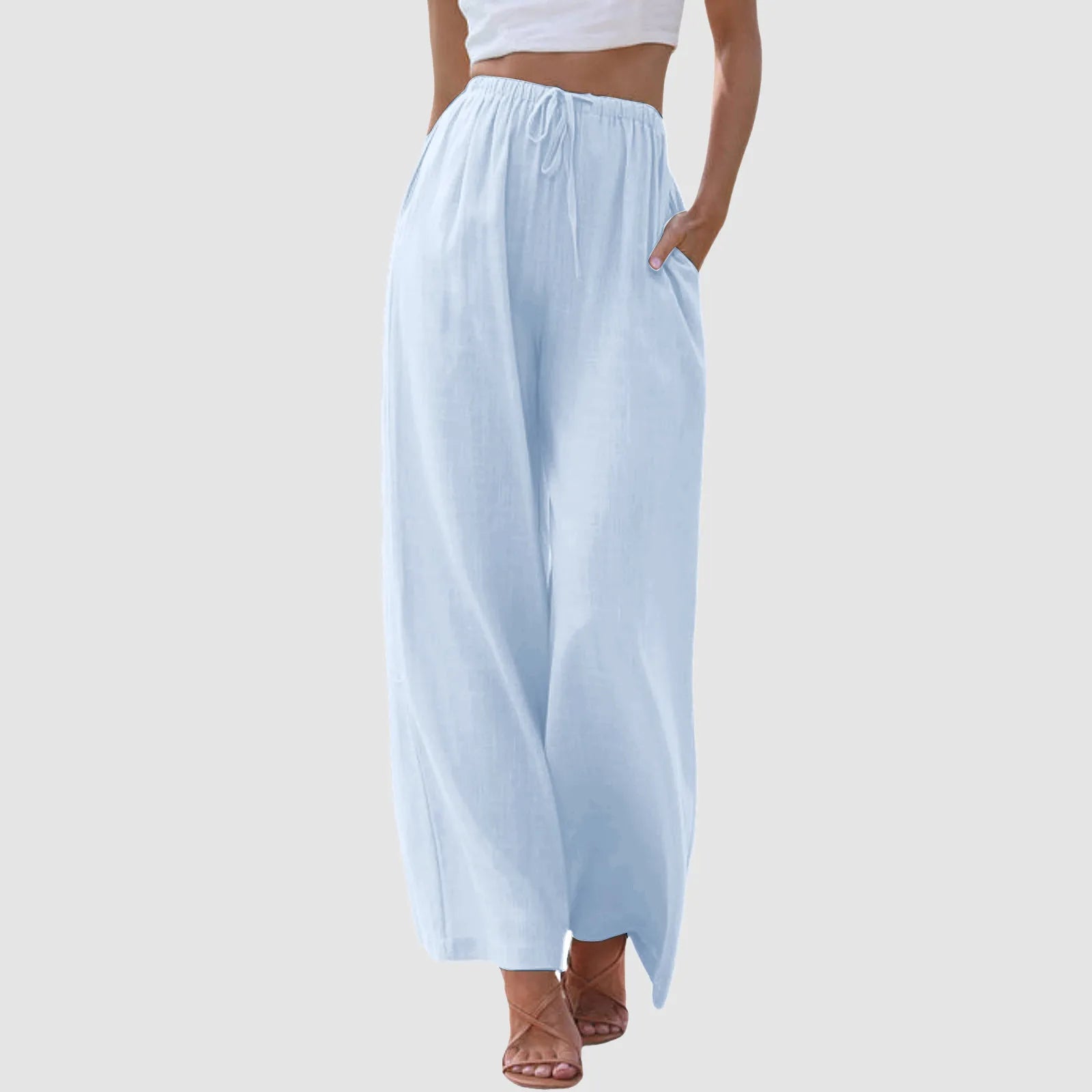 Pantaloni comodi a gamba larga azzurri, vita alta con elastico e coulisse