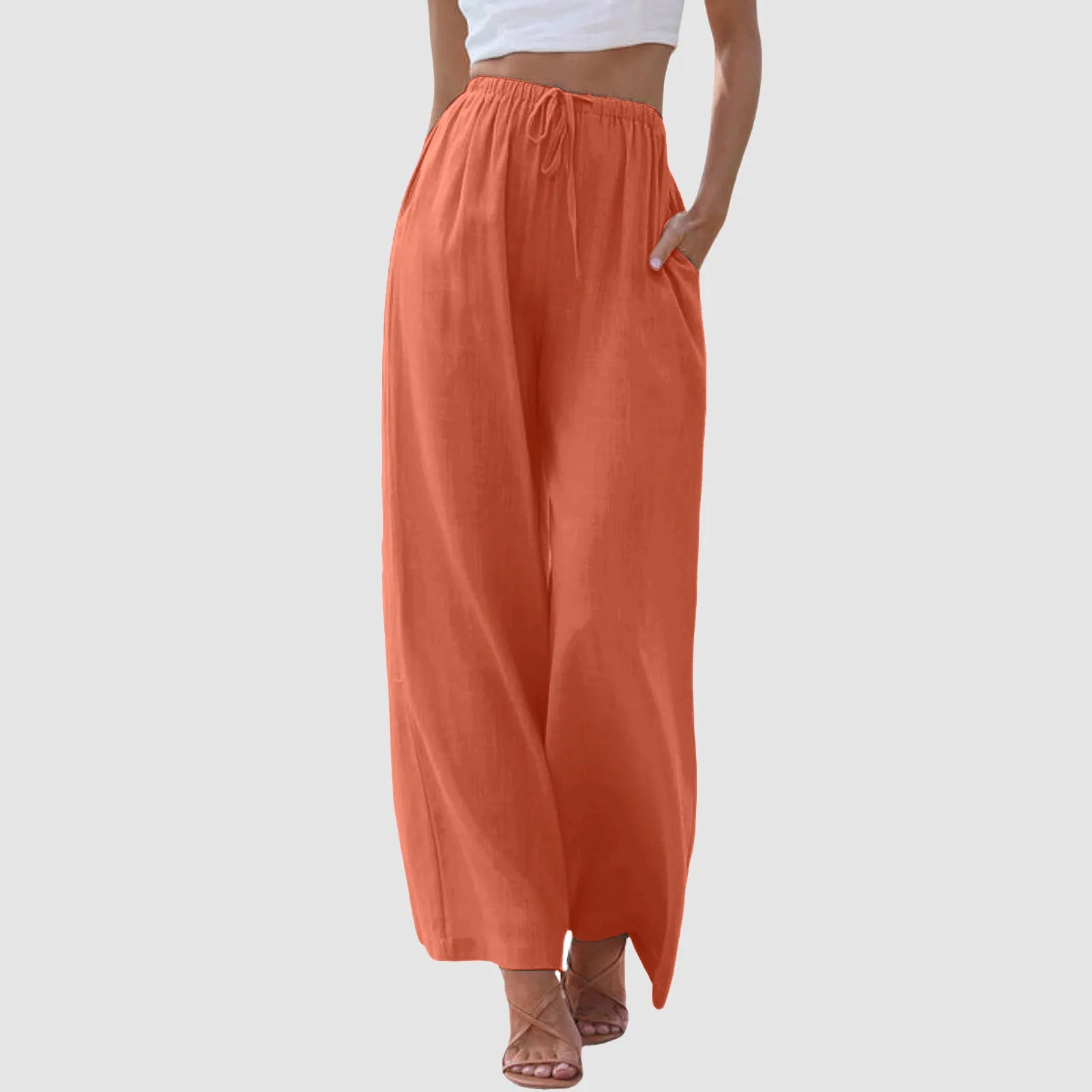 Pantaloni comodi a gamba larga arancioni, vita alta con elastico e coulisse