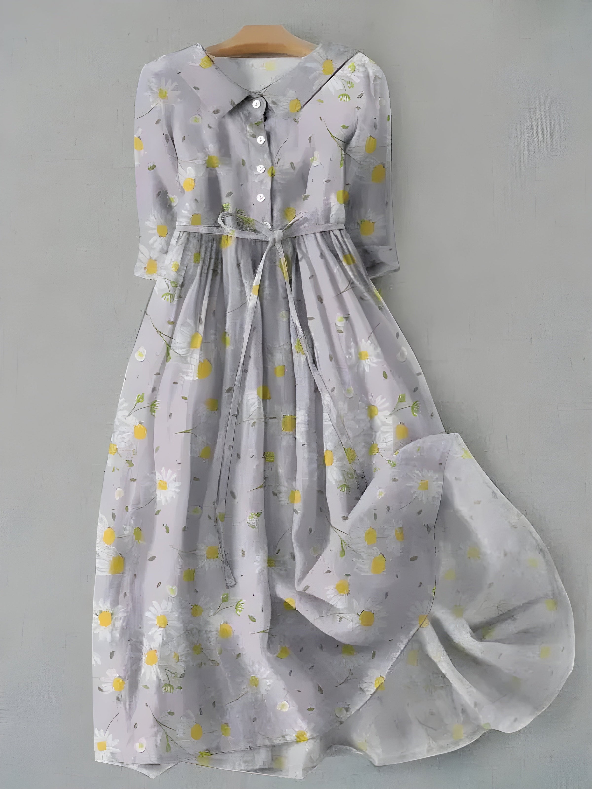 White daisy-print dress with button-front bodice and gathered skirt, long sleeves