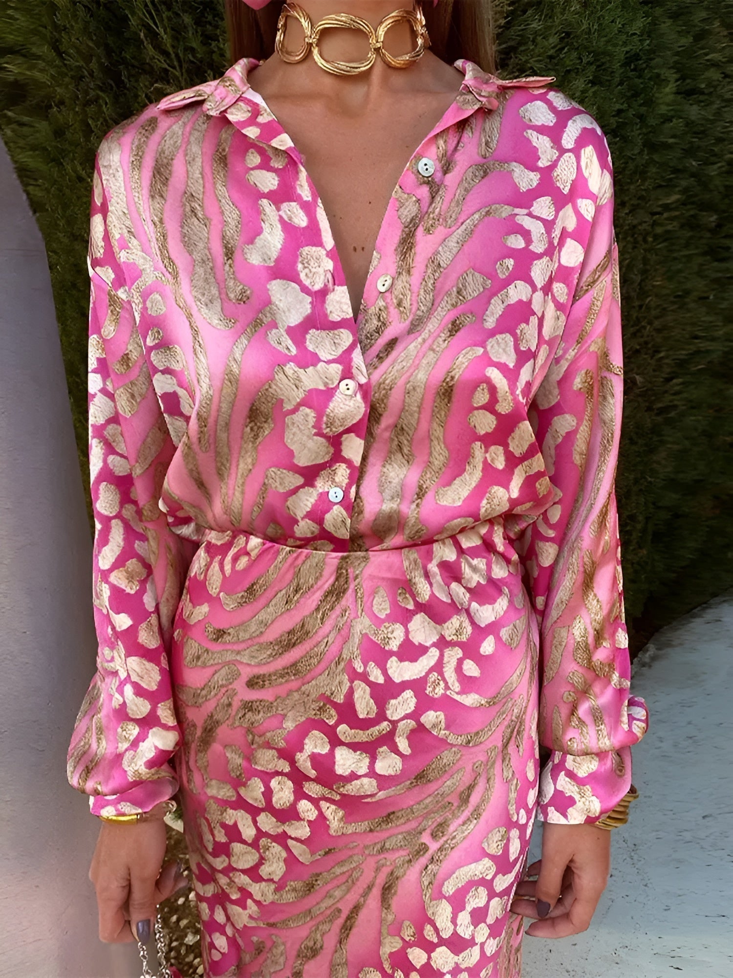 Pink and cream animal-print button-front dress with belt tie