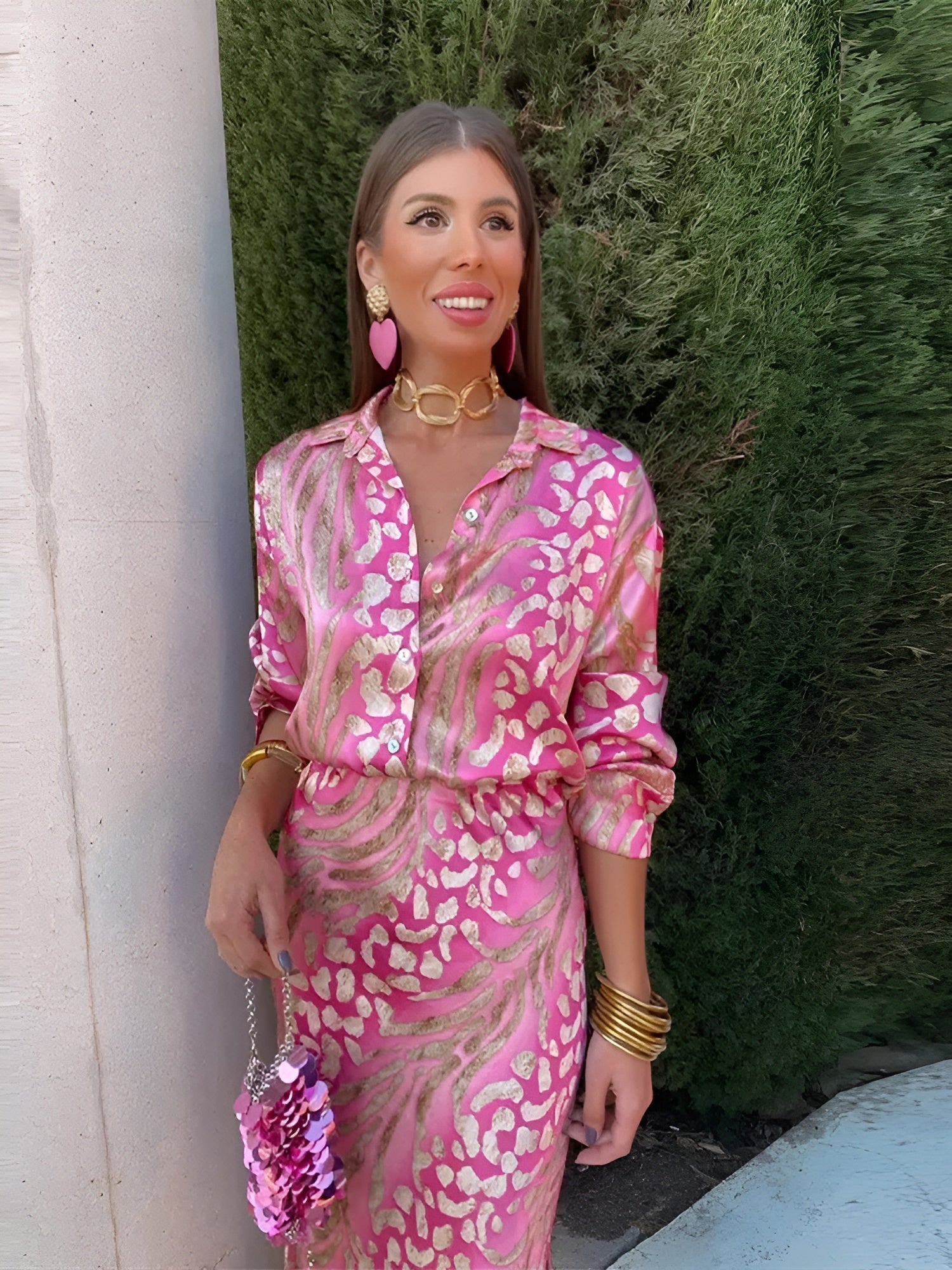 Pink and cream patterned button-front midi dress with tie waist