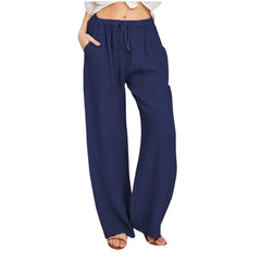 Pantaloni comodi a gamba larga blu scuro in tessuto leggero con vita elasticizzata e coulisse