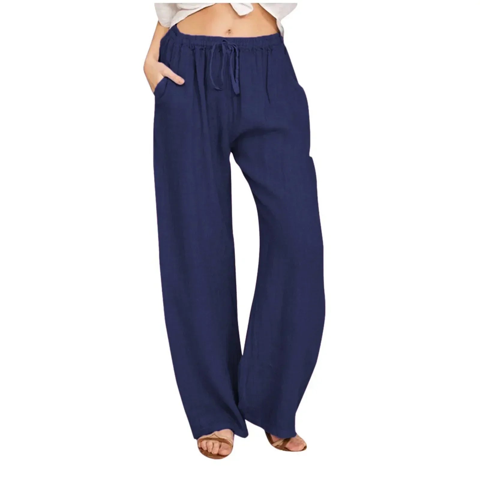 Pantaloni comodi a gamba larga blu scuro in tessuto leggero con vita elasticizzata e coulisse