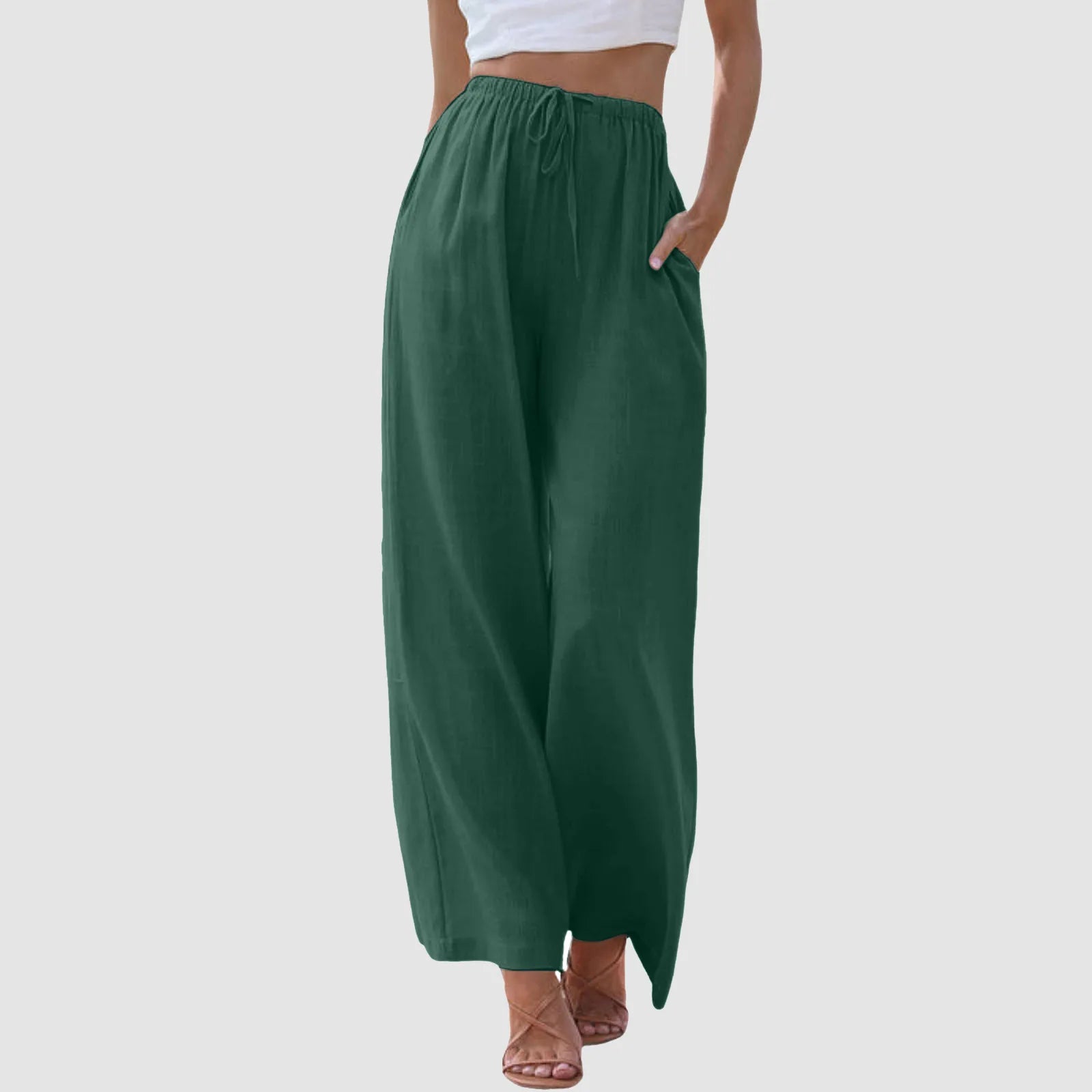 Pantaloni Varel a vita alta verdi, gamba larga, elastico in vita e spacchetto al fondo