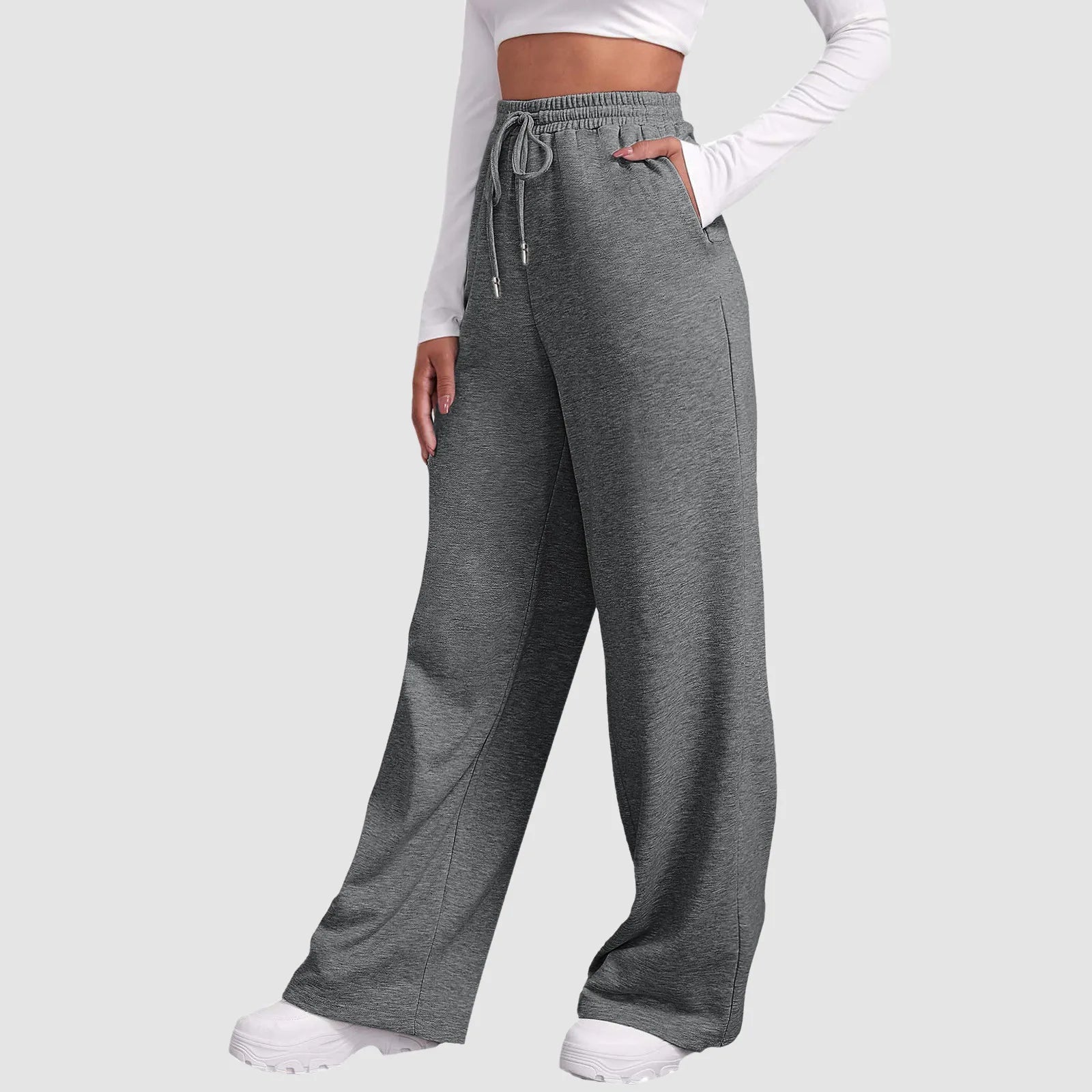 Pantaloni jogger a gamba larga grigio scuro, vita elasticizzata con coulisse