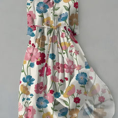 Floral button-up waist tie dress with long sleeves, multicolor flower print on light base