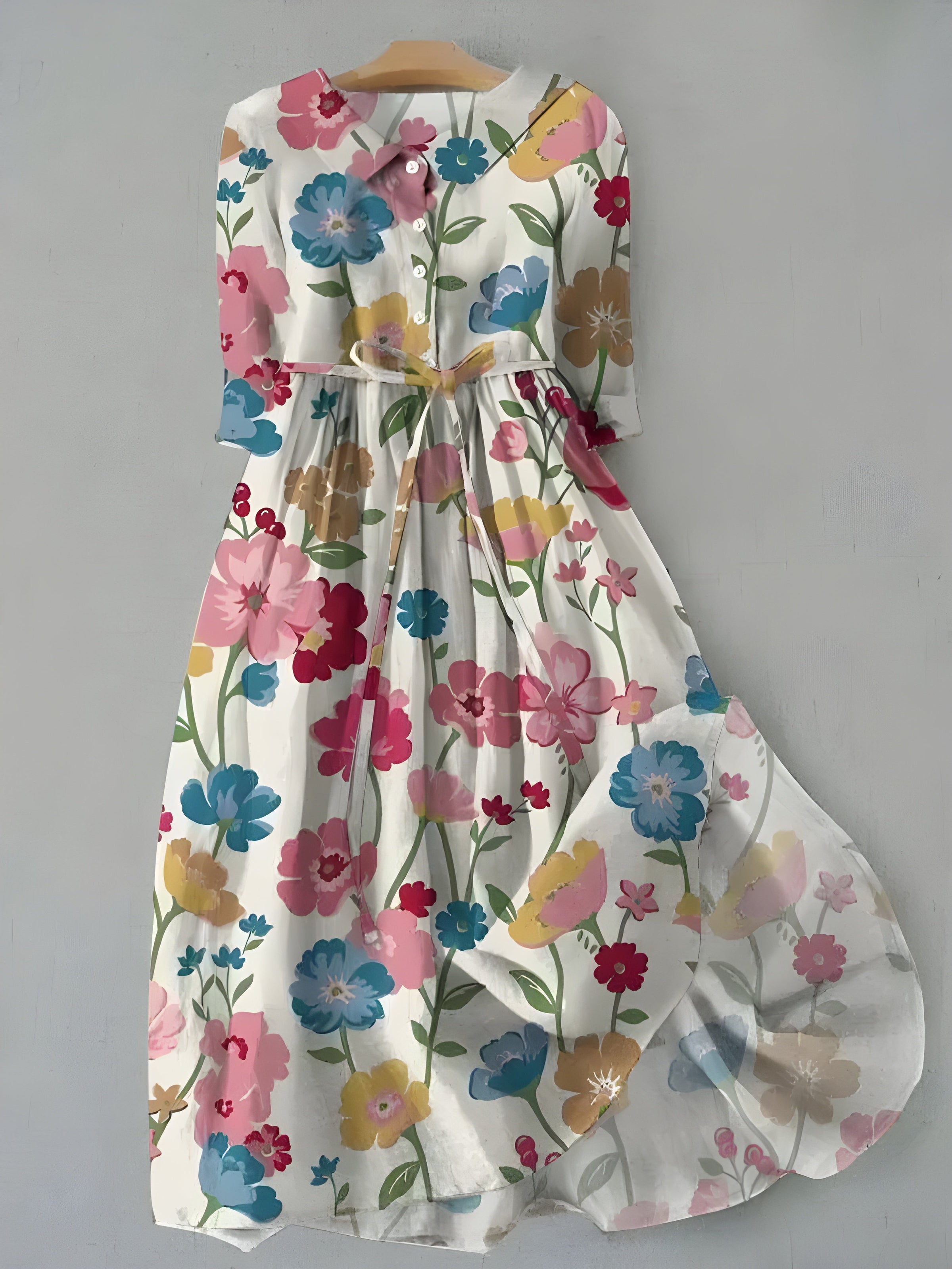 Floral button-up waist tie dress with long sleeves, multicolor flower print on light base