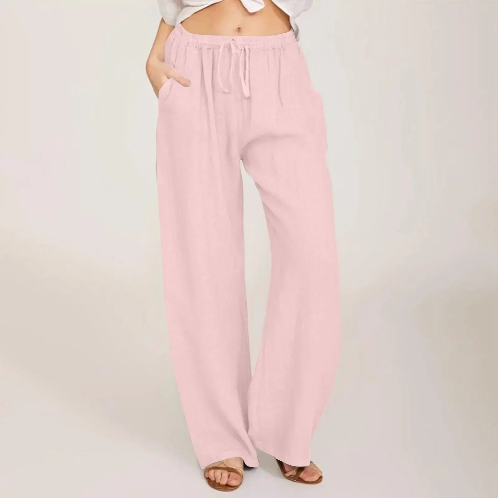 Pantaloni comodi a gamba larga rosa con vita elasticizzata e coulisse