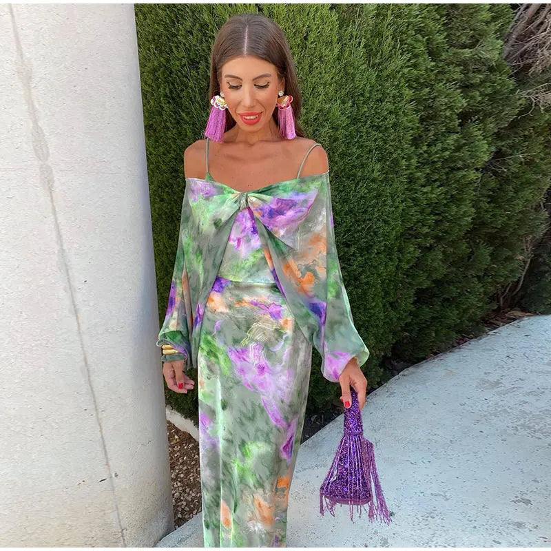 Green floral silk backless slip maxi dress, spaghetti straps, long length