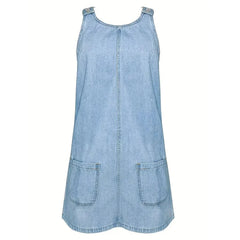 Light blue denim-look sleeveless dress back with center seam and two patch pockets