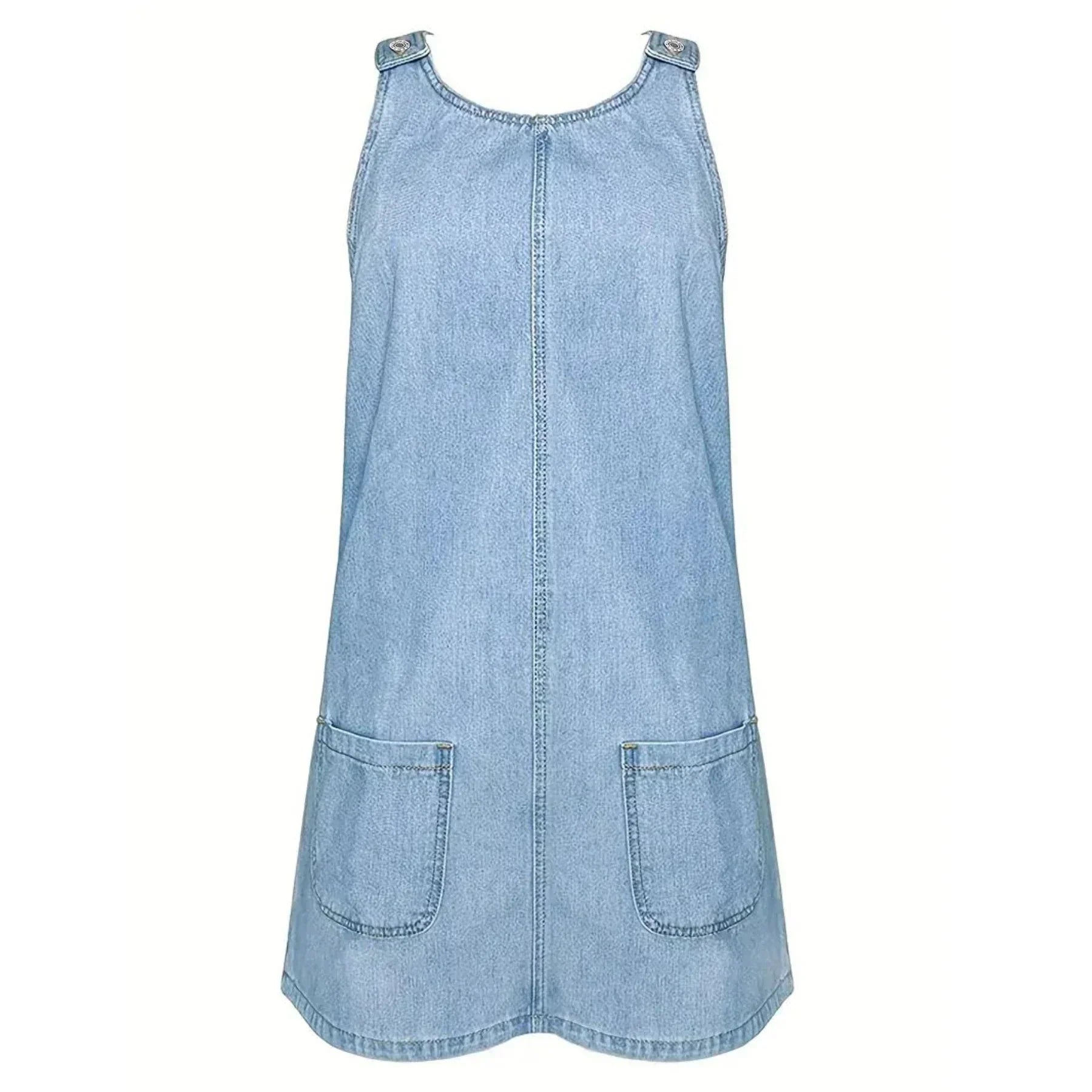 Light blue denim-look sleeveless dress back with center seam and two patch pockets