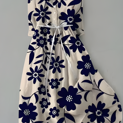 Coralie™ elegant floral dress, cream with navy blue flowers, button front and bow waist