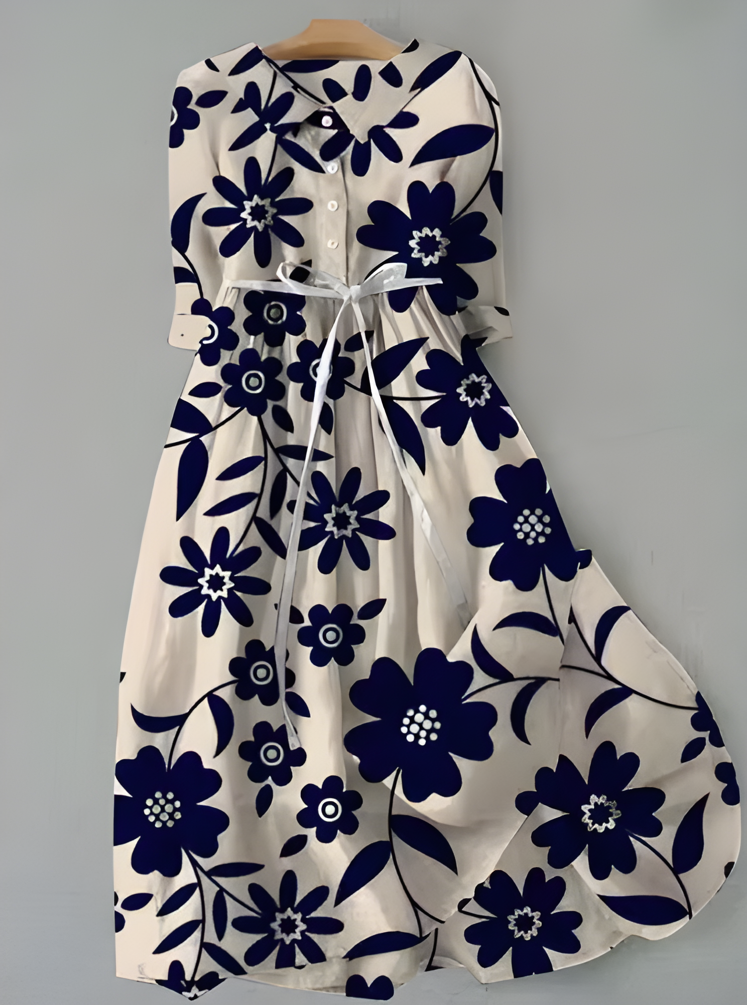 Coralie™ elegant floral dress, cream with navy blue flowers, button front and bow waist