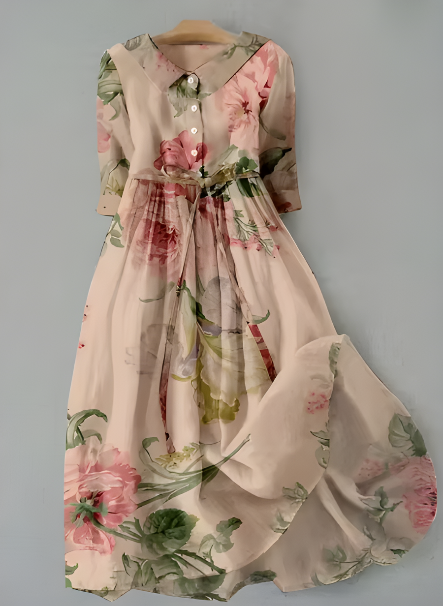 Elara™ floral dress with cream/pink base, long sleeves, button-front, Peter Pan collar