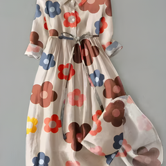 Multi floral button-front long sleeve dress with tie belt, white base