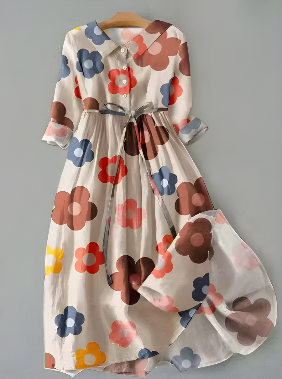Multi floral button-front long sleeve dress with tie belt, white base